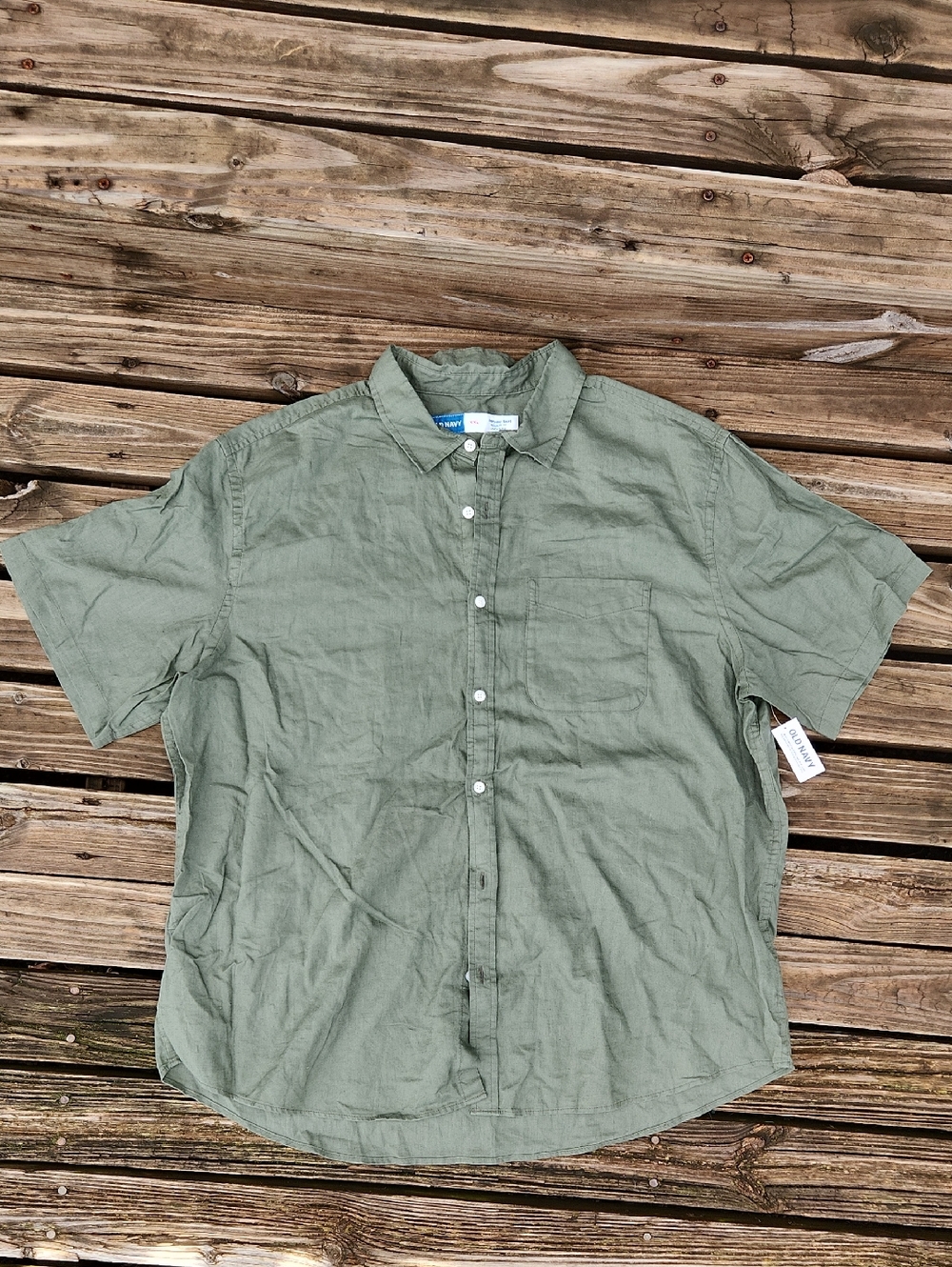 NWT XXL Old Navy Army Green Neutral Short Sleeve Button Up Linen  Everyday Shirt